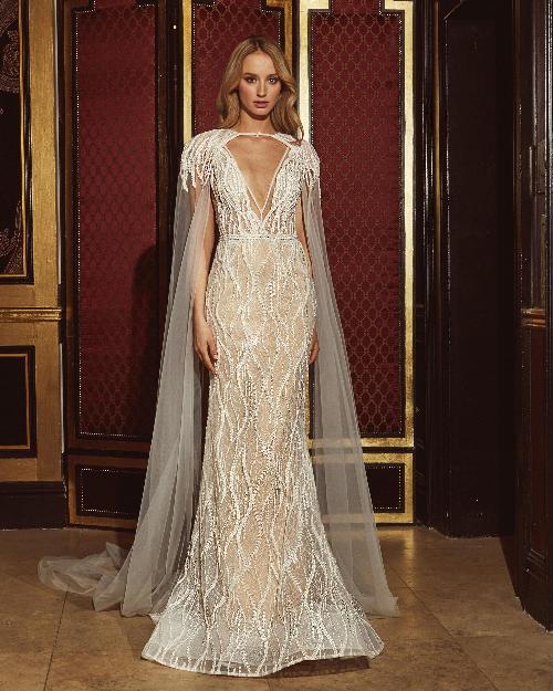 18247 vintage lace wedding dress with cape and plunging v neckline1